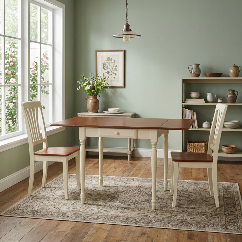 Ensemble de salle à manger rectangulaire 3 pièces en bois dur asiatique couleur babeurre et cerisier, avec abattant, 2 tiroirs et 2 chaises à assise en bois.