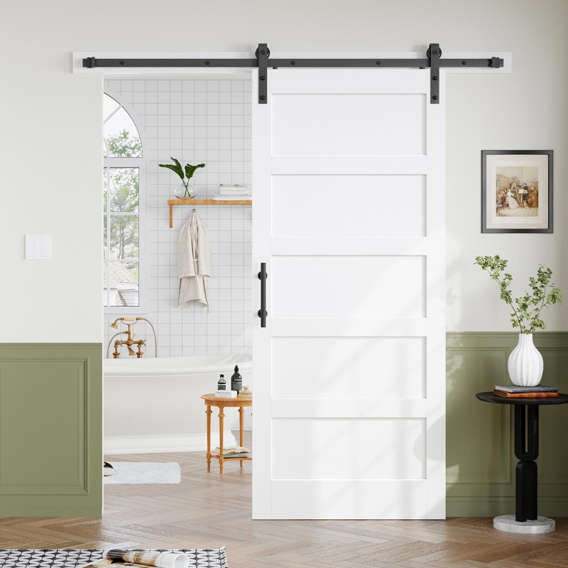 Porte de grange en bois manufacturé à 5 panneaux avec quincaillerie d'installation, 38 po x 84 po