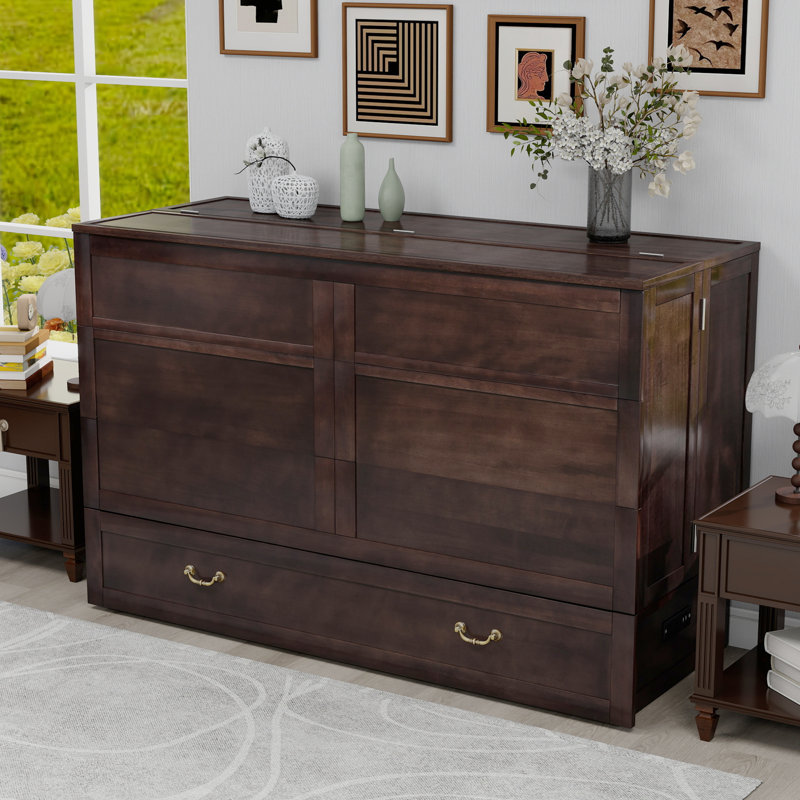 Armoire-lit escamotable en bois massif avec station de charge, grand tiroir de rangement, lit escamotable brun foncé (matelas non inclus)