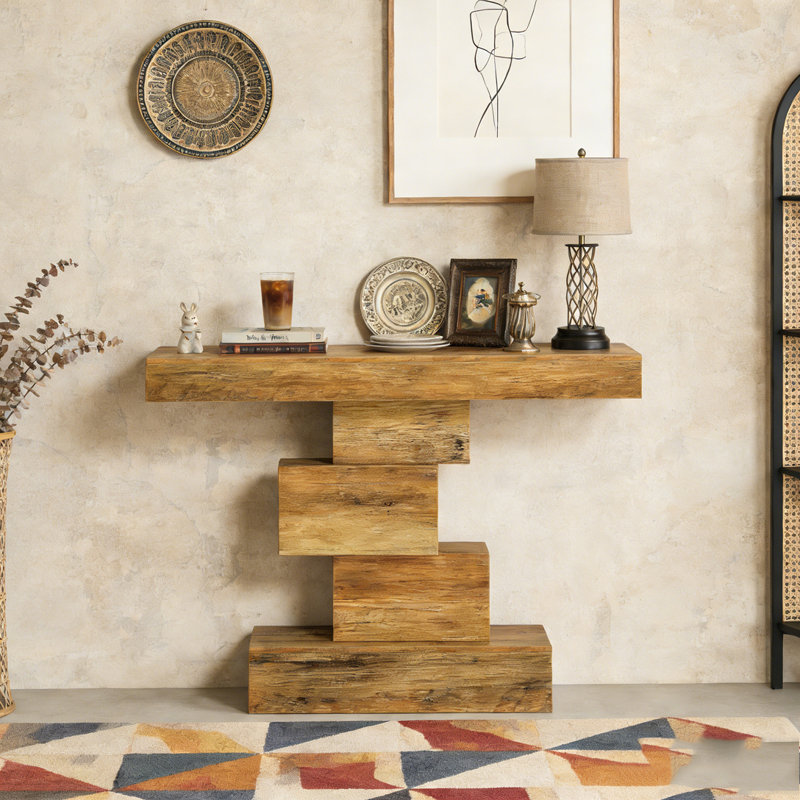 Wood Sofa Table Accent Table with Geometric Base, Light Brown