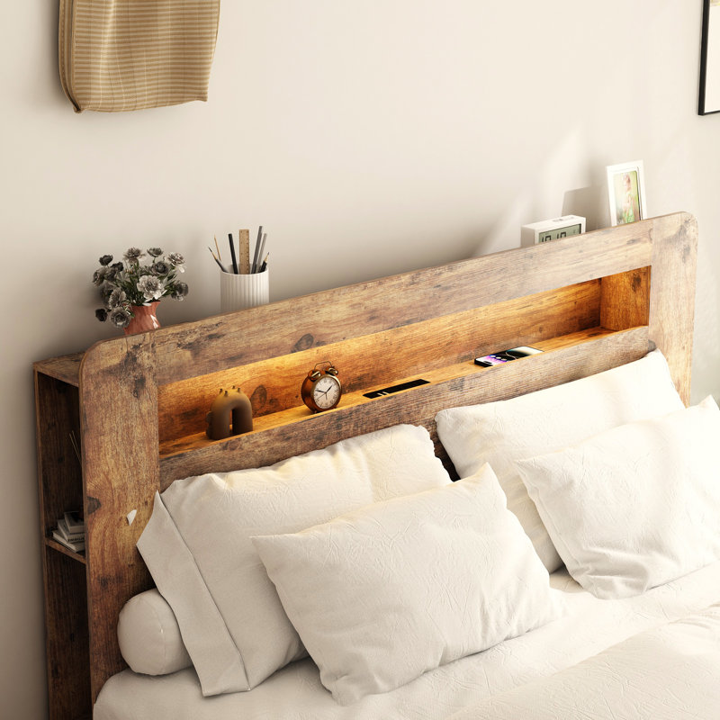 Full Size Solid Wood Platform Bed,Bed Frame With Storage LED Light Headboard And 2 USB, Full, Brown