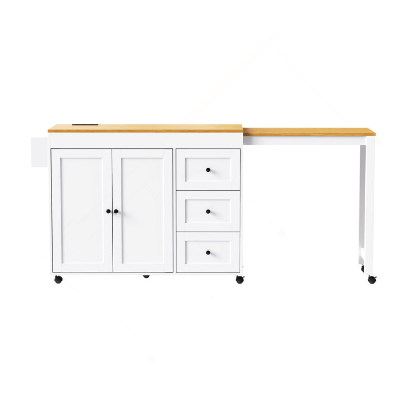 74.8" Kitchen Island With Extendable Dining Table, Kitchen Storage Cart With 3 Drawers, Power Outlet, Rolling Kitchen Island On Wheels With Spice Rack And 2 Door Cabinet, For Kitchen