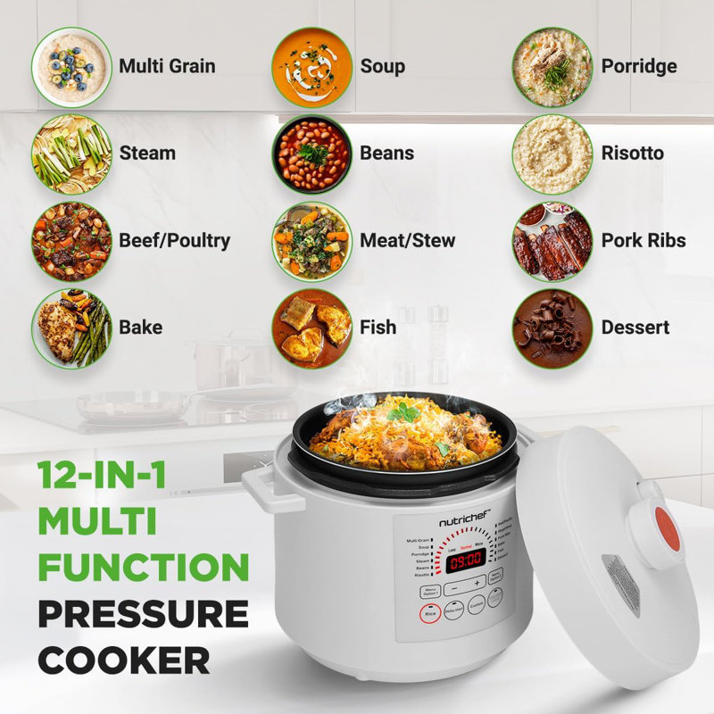 Nutrichef 6 QT Electric Pressure Cooker - 9 Function Digital Countertop With Preset Cooking Modes, Adjustable Time & Temp Settings  (White)