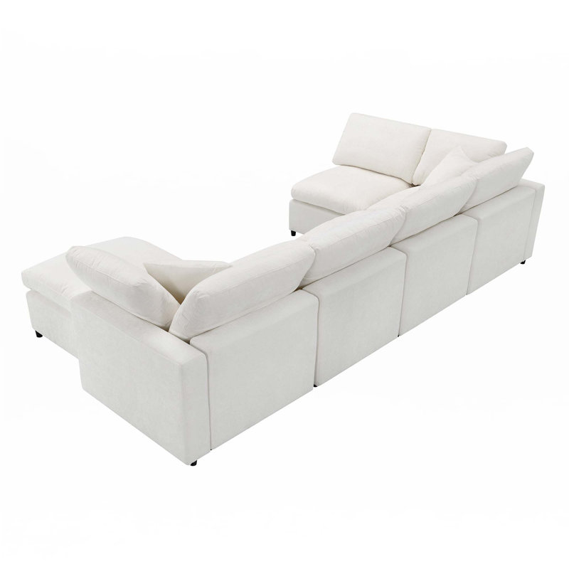 Ensemble de canapé modulaire en chenille 6 places avec repose-pieds, Chenille beige