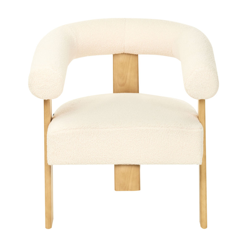 Upholstered Boucle Armchair, White, Beige Wood