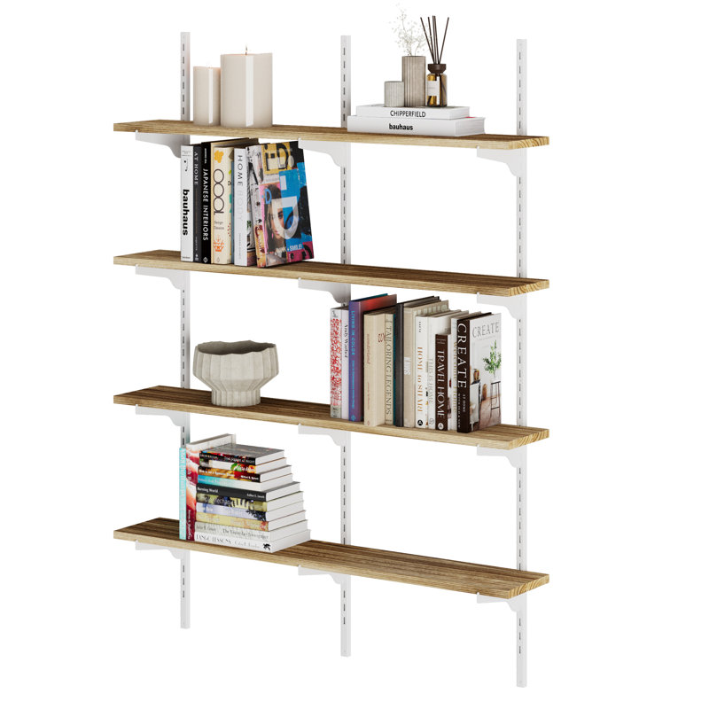 Bibliothèque flottante 36 "x 6" avec supports réglables, tablette en bois pour le salon et l'organisation de la maison, tablette suspendue, tablette décorative murale, rustique et bohème, brûlée, 4 niveaux