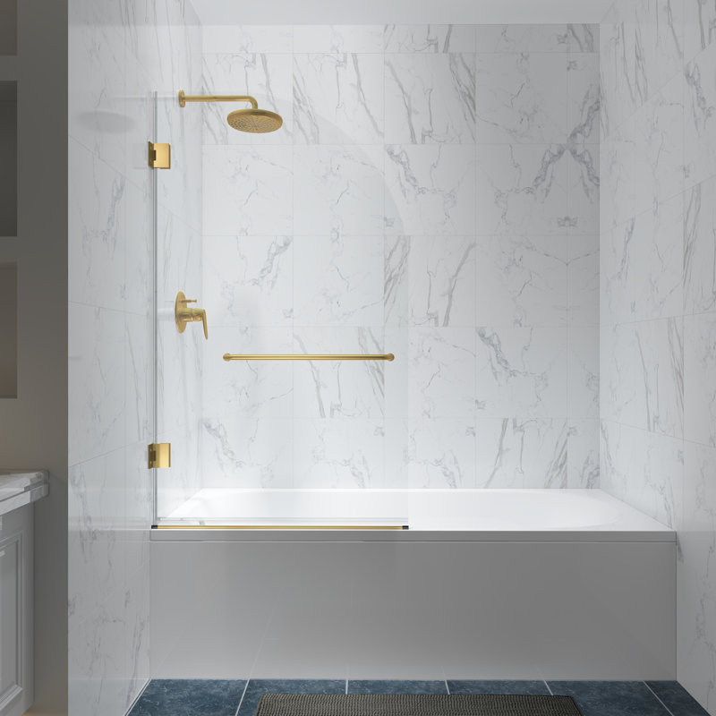 Julien 34" W x 58" H Hinged Frameless Tub Door with Heat Soaking Process, Brushed Gold