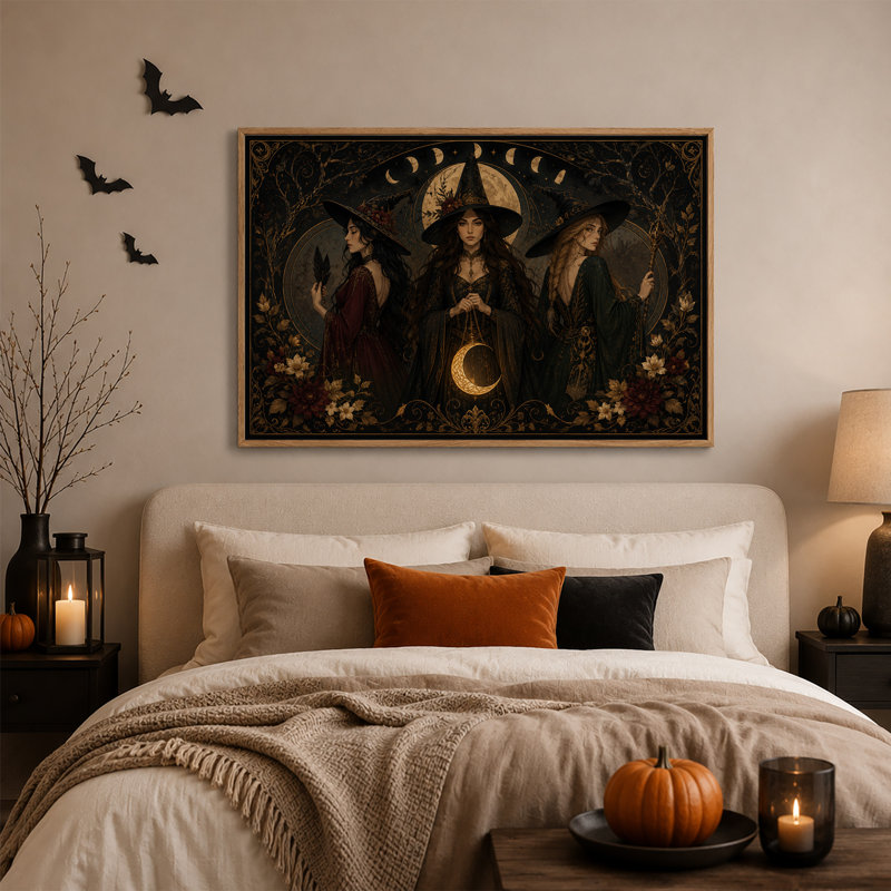 «Three Witches with Moon Phases» et art floral doré sur toile d'Halloween, H 18 po x l 24 po