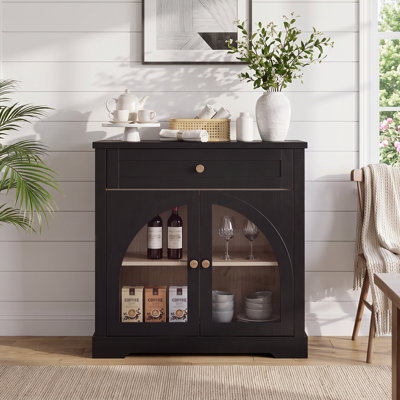 Buffet moderne en MDF de 81 cm (32 po) avec 2 tiroirs et 2 portes vitrées cintrées, fini bois noir
