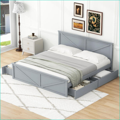 Hochstetler Size Solid Pine &amp; MDF Platform Storage Bed – 4 Drawers, No Box Spring Needed, Gray for Master Bedroom