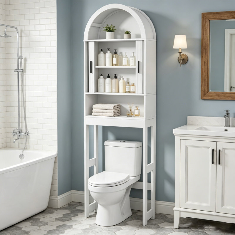 Armoire de rangement arquée au-dessus de la toilette avec 2 portes coulissantes et tablette réglable anti-basculement, blanc
