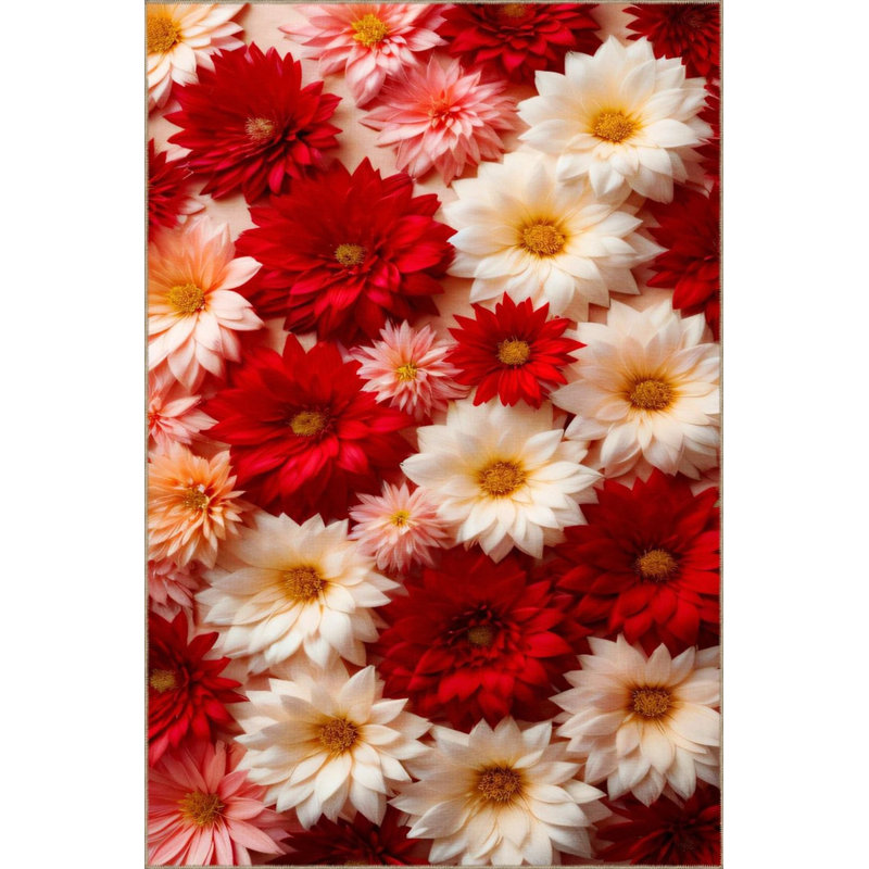 Floral Red White Blooming Flower Patterned Decorative And Woven Base Washable Carpet, Runner 3'4" x 9'11"