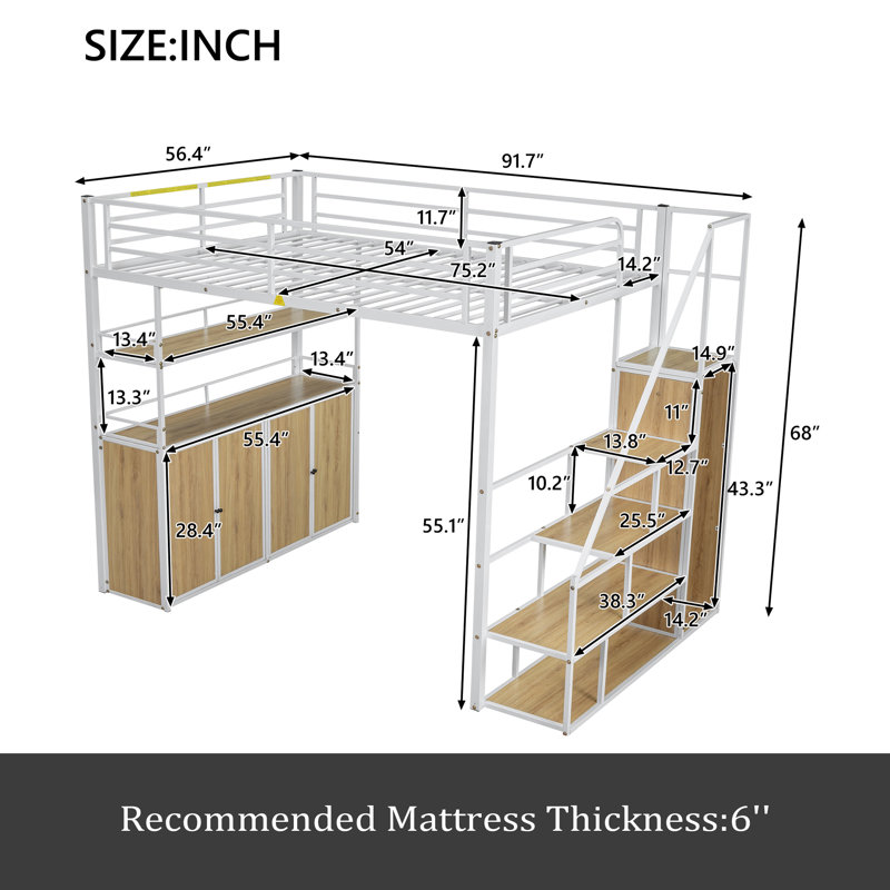 Lit mezzanine double en métal avec escalier de rangement et garde-robe, tablettes et casiers, Blanc/naturel