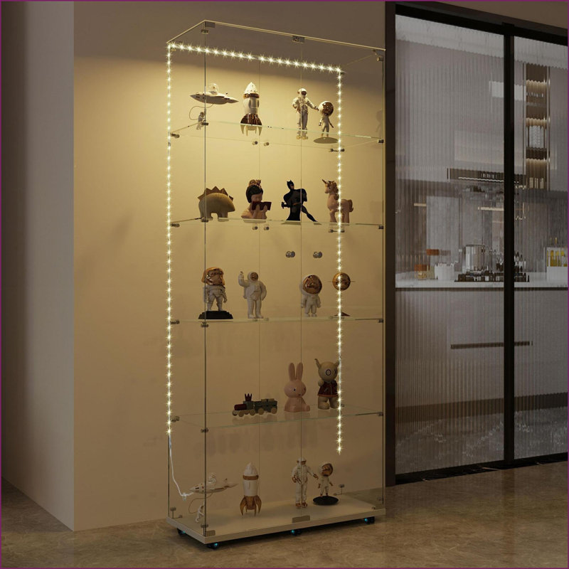 Cabinets 74.61”H x30.91”L x13.58”W with Bluetooth LED Lights, Lockable Doors | Off-White Tempered Glass &amp; Particle Board | Living Room