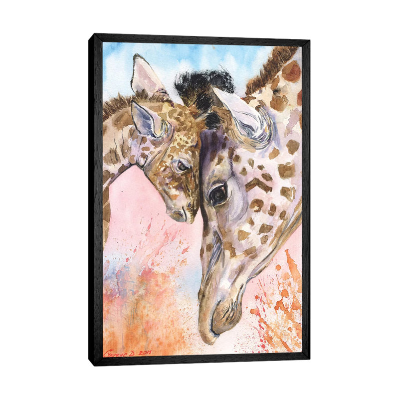 Giraffe Family Ii by George Dyachenko - Print on Canvas, Black Framed, 20.32 cm H x 30.48 cm W