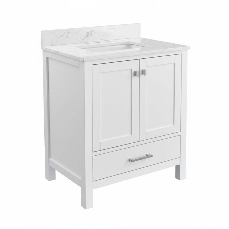 Meuble-lavabo de 30 po avec cadre en bois massif et comptoir de meuble-lavabo autoportant avec lavabo blanc
