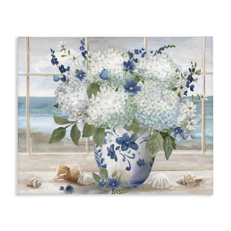 Bouquet d'hortensias de bord de mer en toile de fenêtre, design par Nan, H 36 po x l 48 po