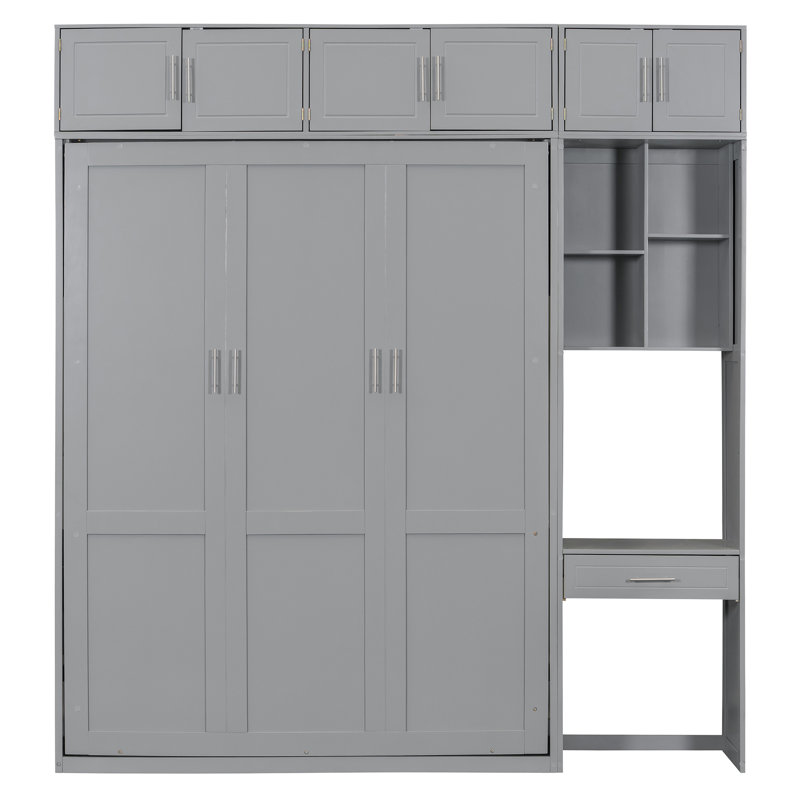 Grand lit escamotable mural avec bureau, tablettes de rangement et armoires supérieures - lit pliant peu encombrant, gris
