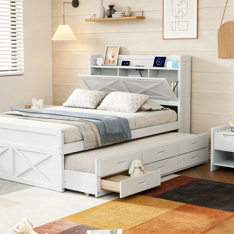 Lit en bois avec tête de lit avec prises de courant, lit extensible avec lit gigogne simple avec trois tiroirs de rangement