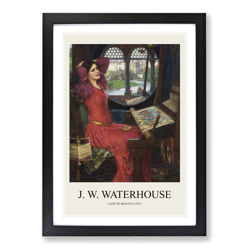 The Lady of Shalott in Red by John William Waterhouse - Picture Frame Painting, 65cm H x 48cm W x 2cm D, Black Framed