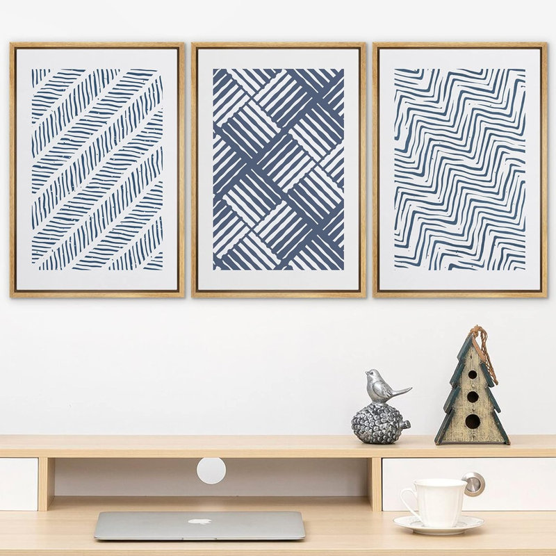 "Motif géométrique bleu 3D, vagues, collage, formes abstraites, art moderne et neutre", 3 pièces, Naturel