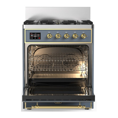 Cuisinière à double combustible 30 pouces avec 5 brûleurs scellés gris-bleu Majestic III Series (gaz naturel, garniture laiton)