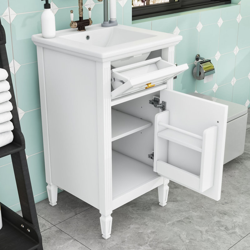 Meuble-lavabo de salle de bain avec lavabo, tiroir inclinable, tablette réglable et boutons en alliage de zinc, Blanc / blanc