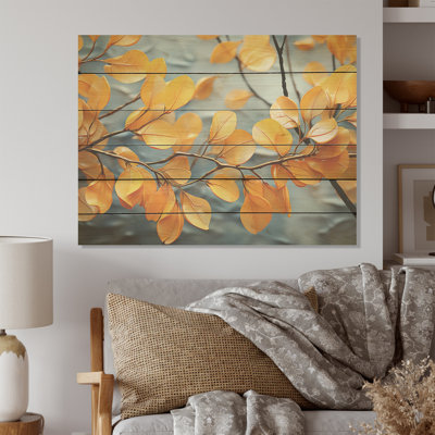 Golden Foliage Leaves I - Leaves Wood Wall Art On Natural Pine Wood