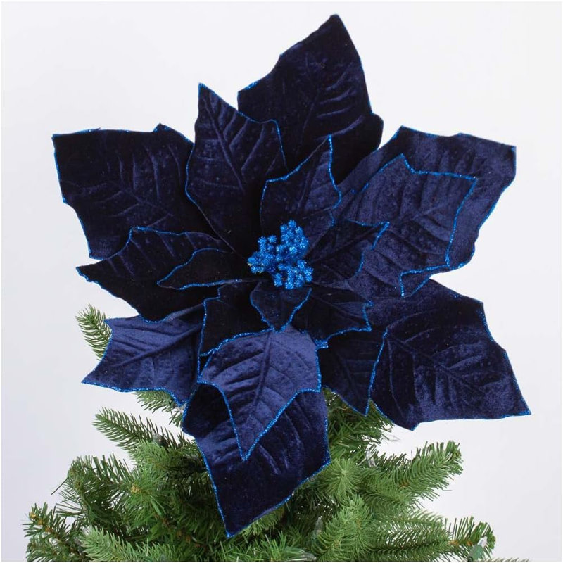 Paquet de 24 fleurs de Noël en velours rouge avec paillettes, tiges flexibles artificielles pour couronnes