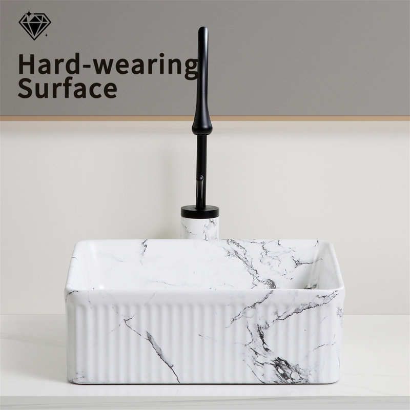 Square Vessel Sink Black White Marble 15"X15" Inch Bathroom Vessel Sink Round Above Counter Sink