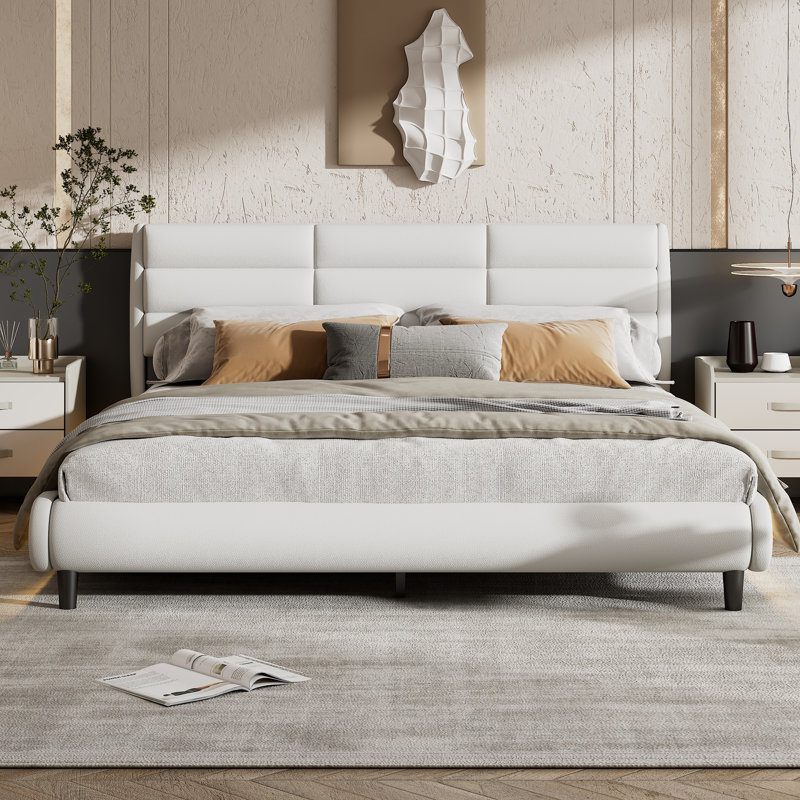 King Size Upholstered Platform Bed With LED Light Strips,White