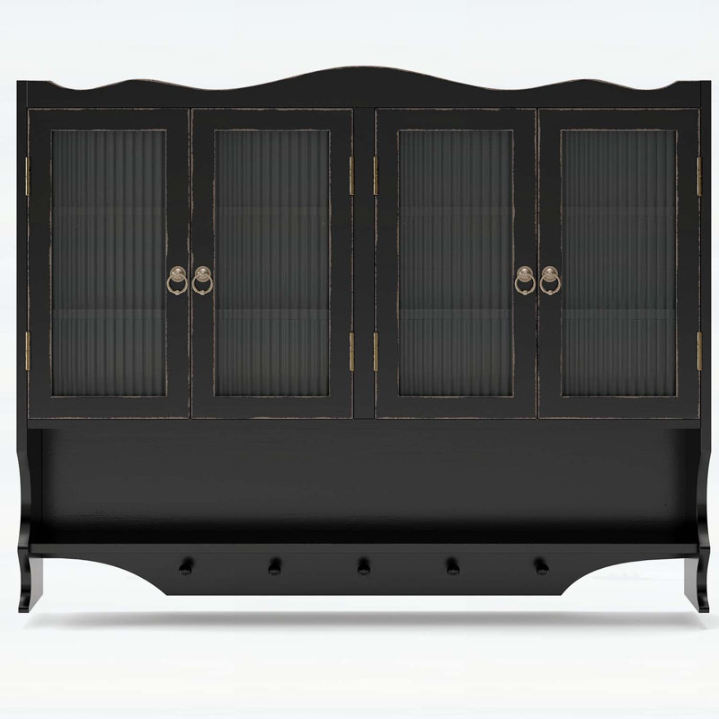 Armoire murale rétro à 4 portes avec deux niveaux de rangement et support à crochets ouvert, noir antique