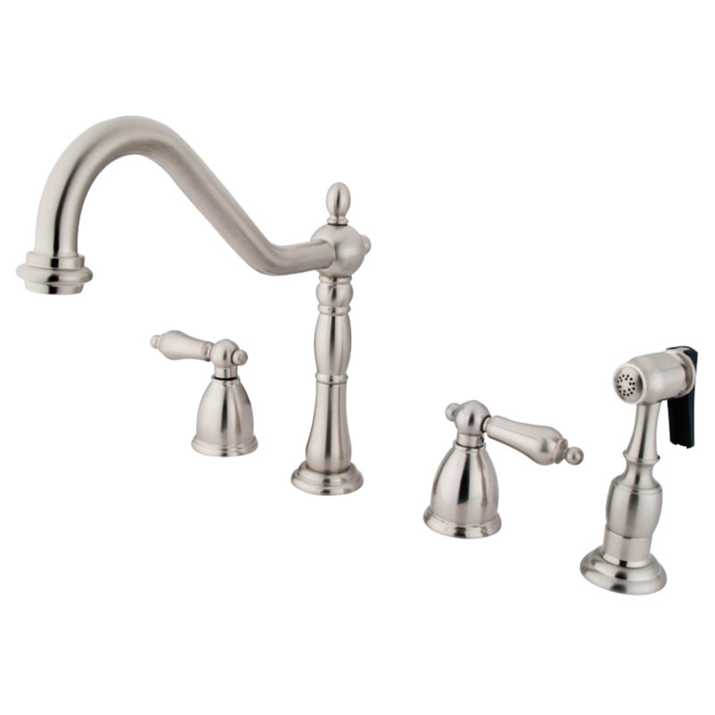 Kingston Brass Heritage Double-Handle Widespread Kitchen Faucet, Brushed Nickel, With Spray