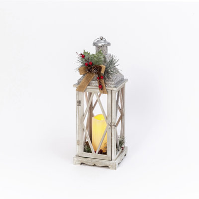 Lighted 20.5 in H Battery Operated Lighted Holiday Lantern with LED Candle and Floral