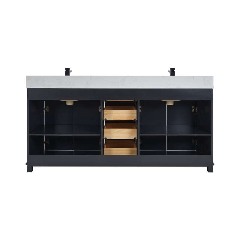 72" Solid Wood Sink Vanity  With 1' Artificial Stone Top, Tricorn Black