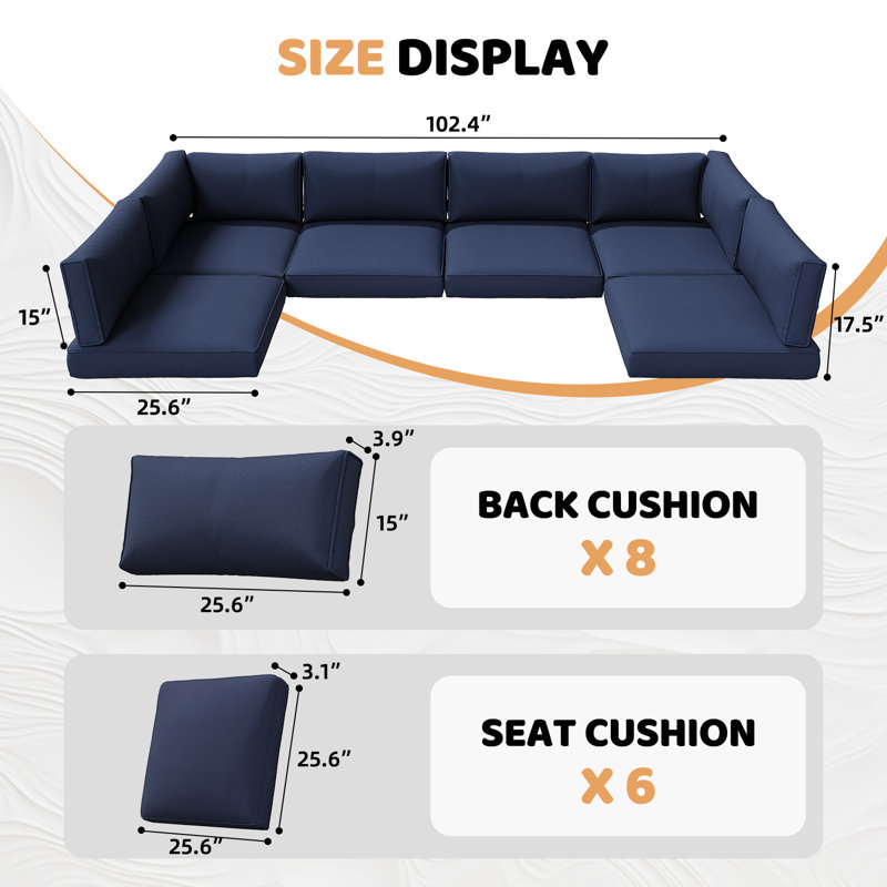 14-Pcs Outdoor 4" Thick Cushion Set, Outdoor Patio Cushion Cover Replacement, Water-Repellent Sofa Cushion, Blue