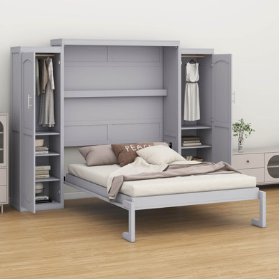 Grand lit escamotable pliable grand format - 2 armoires + tablette de rangement, cadre plateforme (convient pour chambre d'amis et chambre à coucher)