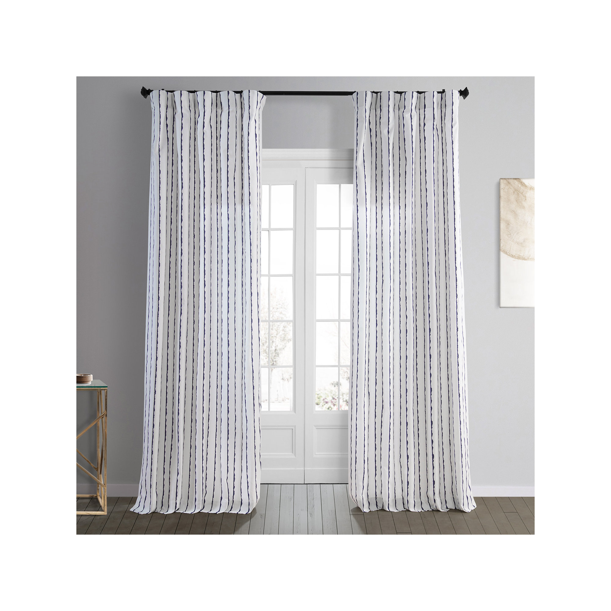 Contemporary Brushstroke Chic Stripe Printed Cotton Room Darkening Curtains - Single Panel, 50" W x 84" L, White/Black