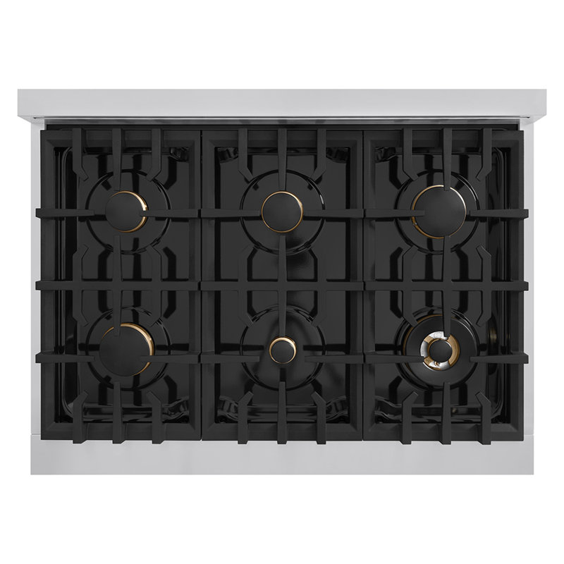 Professional 36" Gas Cooktop with 6 Burners, Stainless Steel with Brass Burners