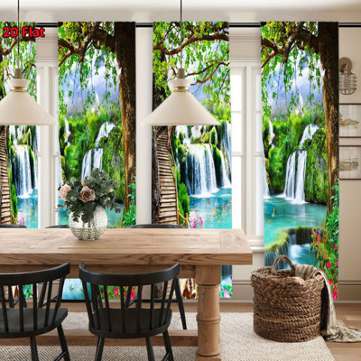 4Pcs Beautiful Waterfall Scene Window Curtains, Green Tree & Nature Landscape Digital Printing Panels for Living Room, Bedroom, Kitchen, Study, Bathroom, Hotel, Dining, Home Decoration