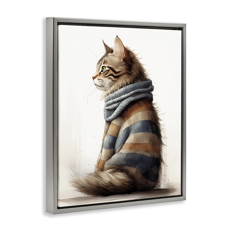Chat dans un chandail rayé brun, art mural encadré par Sasha, Cadre flottant gris lustré, H 21 po x l 17 po