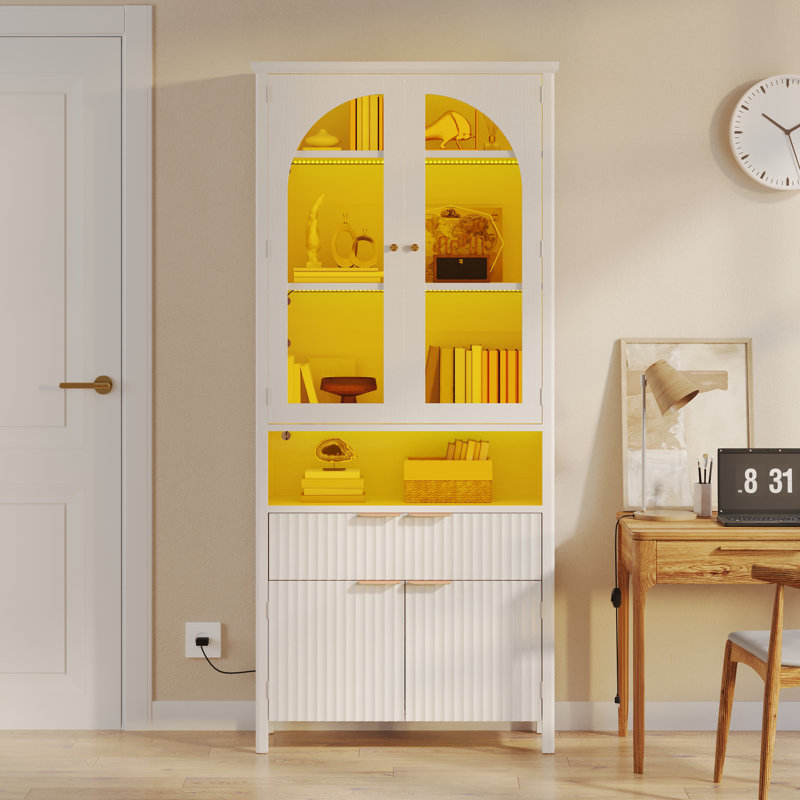 72.2'' H Bookshelf With LED Lights & Arched Glass Doors