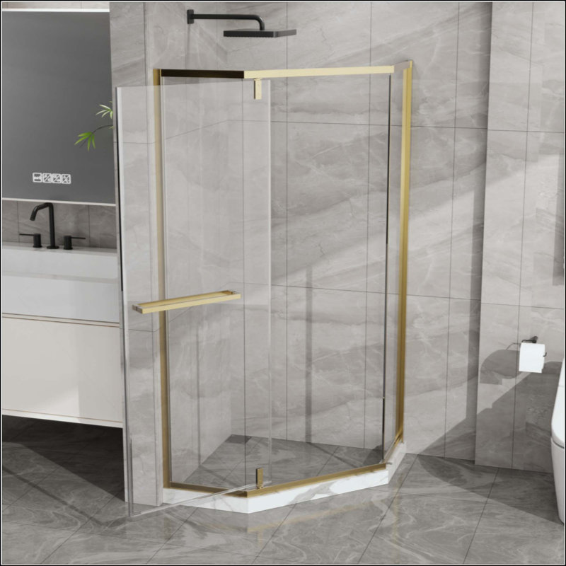 Cabine de douche d'angle sans cadre avec porte de douche pivotante en verre trempé transparent