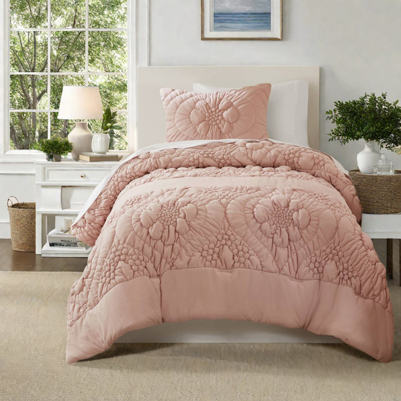 Ensemble de literie pour lit très grand romantique 3 pièces en polyester rose avec motif floral toutes saisons