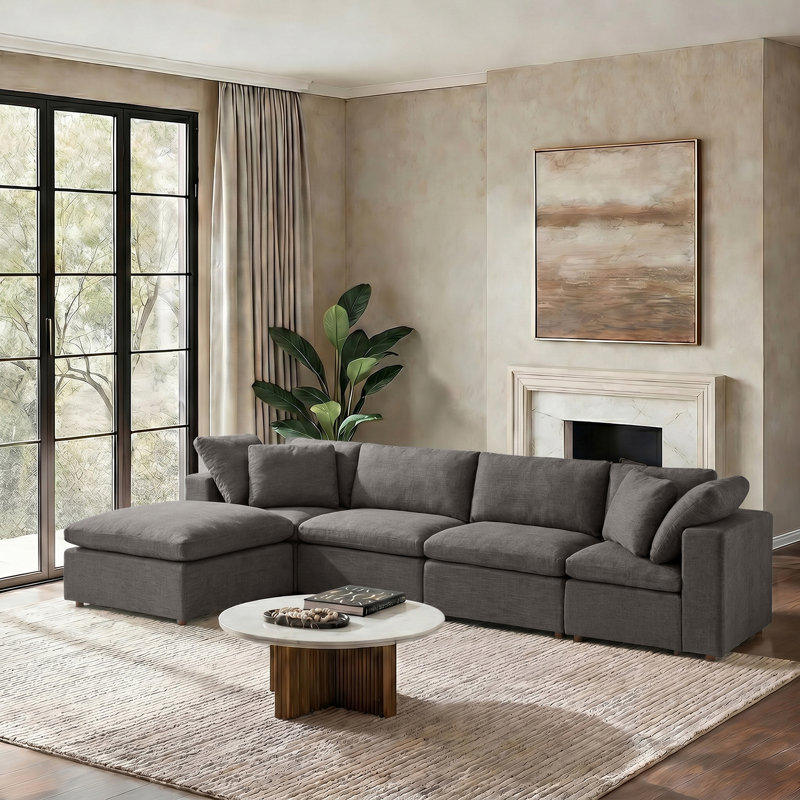 Alberto 157.5"W Modern Cloud Down Filled Oversized Sectional Couches With One Ottoman, Gray Polyester