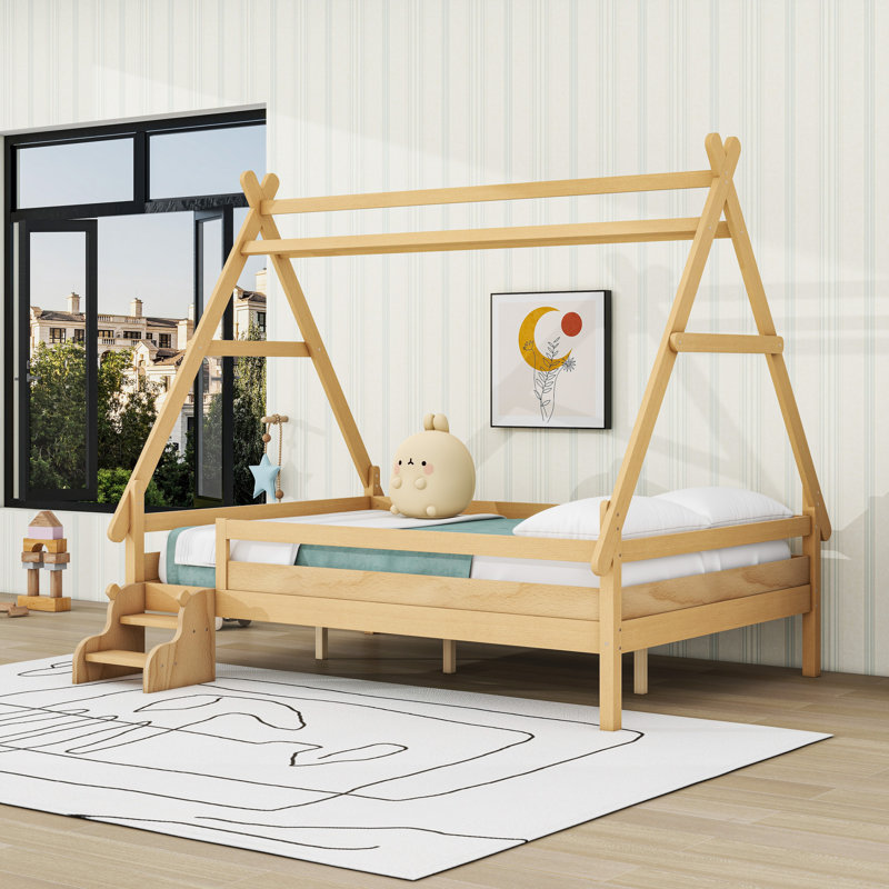 House Platform Bed With Stairs, Natural, Full