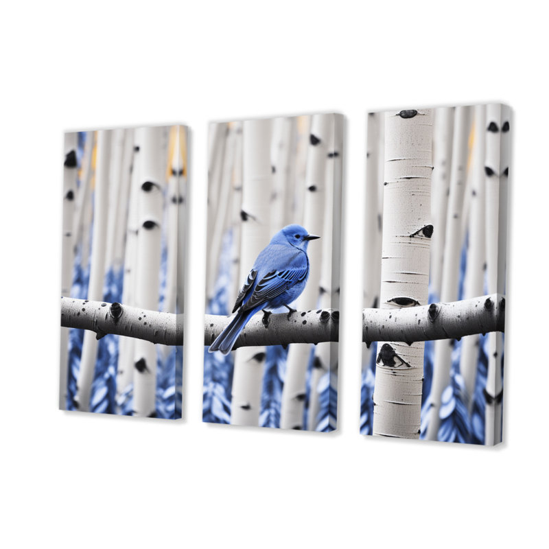 Reproduction de 3 pièces monochromes bleu gris dans une forêt I sur toile, H 28 po x l 36 po x P 1 po