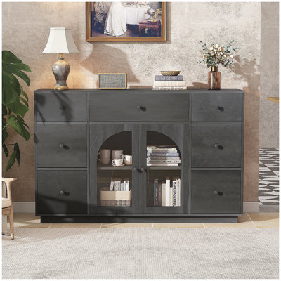Armoire noire spacieuse avec 2 portes et 7 tiroirs pour le rangement du salon et de la salle à manger, idéale pour l'organisation moderne