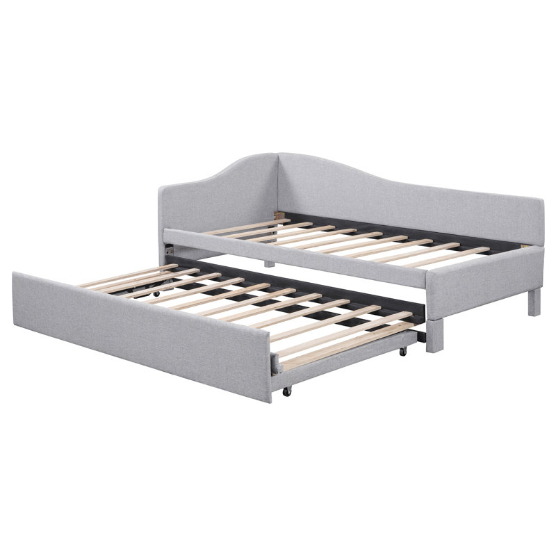 Twin Size L-Shaped Upholstered Daybed with Pop-Up Trundle, Convertible Twin to King Guest Bed, No Box Spring Needed, Gray