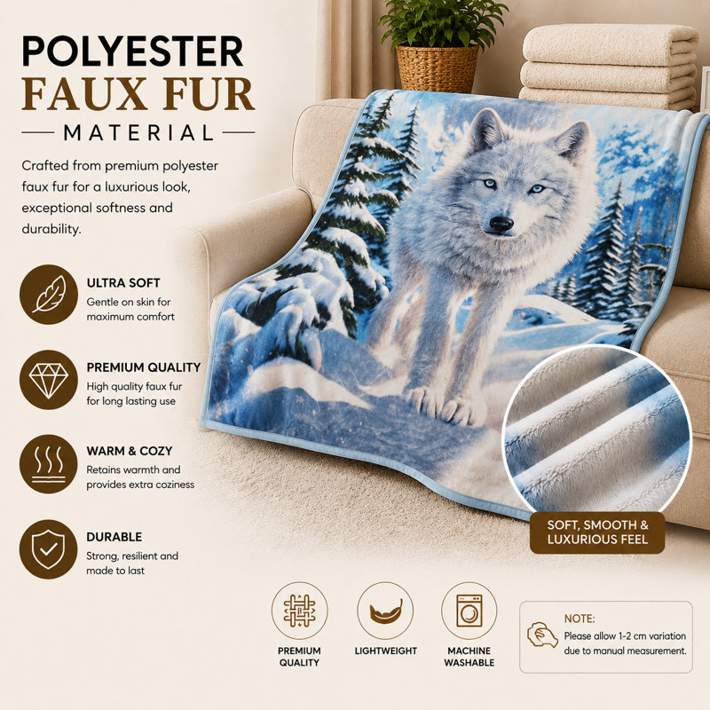 Faux Fur Throw Blanket with Digital Print, Soft Fluffy Fleece Lightweight Cozy Coverlet for King Bed, Sofa, Couch, and Home Decor